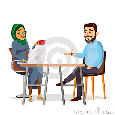 Business People Sitting At The Table Vector. Modern Office. Laughing Friends, Office Colleagues Bearded Man And Muslim Vector Illustration