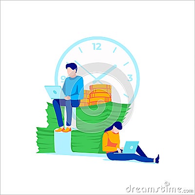 Business people sitting and working on laptop. Effective and productive teamwork,collective work, business. Vector Illustration