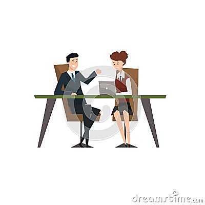 Business people smiling and talking at the laptop at meeting, coworking people characters vector Illustration isolated Vector Illustration