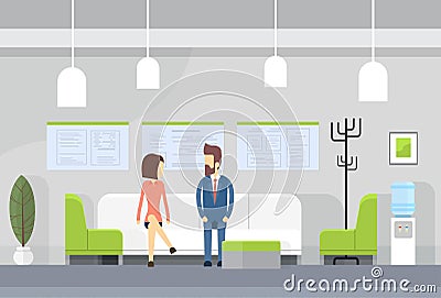 Business People On Sofa, Modern Office Waiting Room Interior Vector Illustration