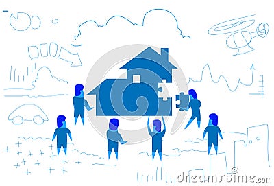 Business people solving puzzle making house building home kit concept teamwork working process horizontal sketch doodle Vector Illustration