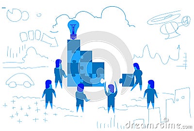 Business people solving puzzle making stairs idea light lamp icon top concept teamwork brainstorming innovation success Vector Illustration