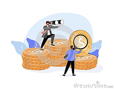 Business people with stacks of gold coins. Man holding spyglass, woman with binoculars flat vector illustration Finances Vector Illustration