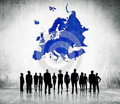 Business People Standing with Blue Europe Cartography Stock Photo