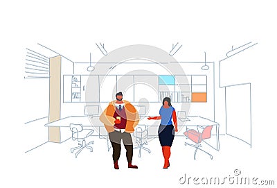 Business people standing coworking space couple man woman colleagues brainstorming modern office interior creative Vector Illustration