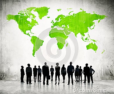 Business People Standing Individually And A Green Cartography Stock Photo