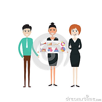 Business people and stock market arrow presentation.Cheerful businessman with graph indicating increase. Vector Illustration