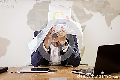 business, people, stress, emotions and fail concept - angry businessman throwing papers in office Stock Photo