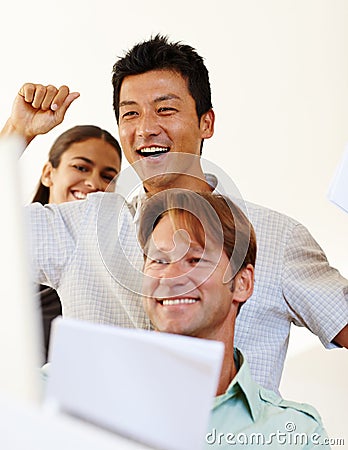 Business people, sucess and deal in office, happy or cheering for corporate negotiation or policy change. Legal team Stock Photo