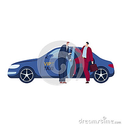 Business people, taxi VIP travel, driver vehicle, isolated on white, transport passenger, design, flat style vector Vector Illustration