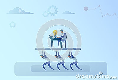 Business People Team Carry Boss Businessman Working On Computer Leadership Concept Vector Illustration