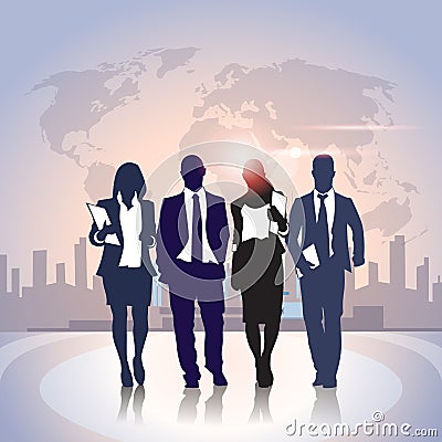Business People Team Crowd Black Silhouette Businesspeople Group over World Map City Background Vector Illustration