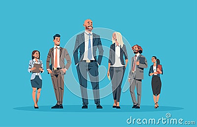 Business people team leader leadership concept businessmen women blue background male female cartoon character full Vector Illustration