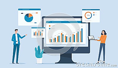 Business people team meeting for analytics and monitoring data on web report dashboard concept Vector Illustration