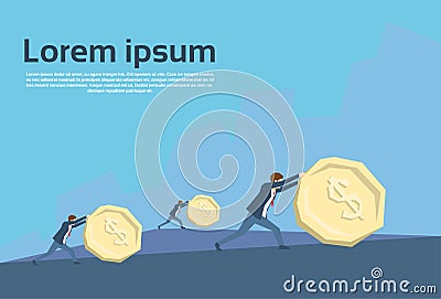 Business People Team Push Coin Financial Crisis Concept Vector Illustration