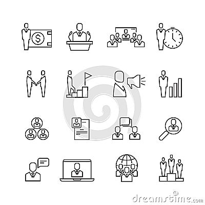Business people team relationship, human management thin line vector icons set Vector Illustration