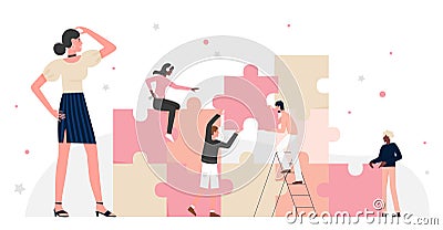 Business people teamwork on puzzle connection, office workers brainstorming on challenge Vector Illustration