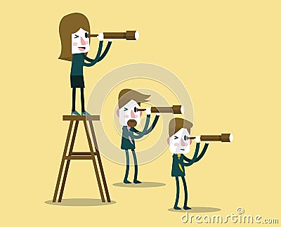 Business people with telescope in different perspective. Vector Illustration
