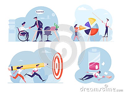 Business People Throw Huge Pencil to Target, Disabled Man Hired in Office, Male and Female Characters Set Up Pie Chart Vector Illustration