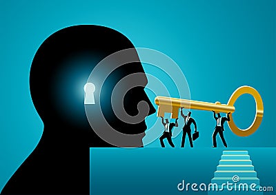 Business people trying to unlock human mind with a giant golden key Vector Illustration