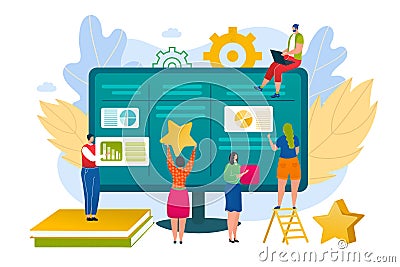 Business people use kanban board management concept, vector illustration. Scrum team project work, man woman cartoon Vector Illustration