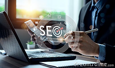 business people use SEO tools, Unlocking online potential. Boost visibility, attract organic traffic, and dominate search engine Stock Photo