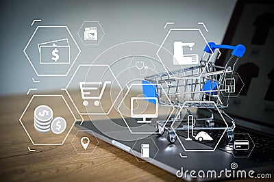 Business people use Technology E-commerce Internet Global Marketing Purchasing Plan and Bank Concept Stock Photo