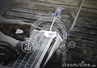 Laptop computer with SEO Search Engine Optimization concept Stock Photo