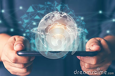 Business people using smart phone connection to worlwide via application technology. Analysis big data and information, Internet Stock Photo