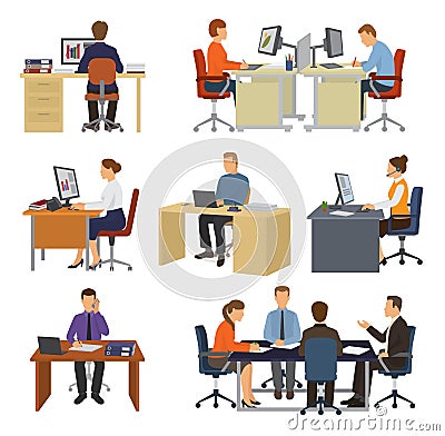 Business people vector professional workers sitting at table with laptop or computer in office illustration set of Vector Illustration