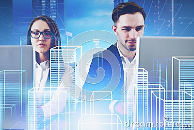 Business people in virtual city Stock Photo