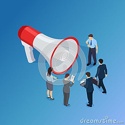 Business people are waiting for announcement isometric vector concept. Women, men and 3d megaphone illustration Vector Illustration