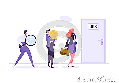 Business People Waiting for Job Interview in Front of the Door. Businessman and Businesswoman in Search of new Job Vector Illustration