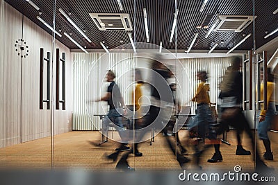 Business people walking at modern open space. Motion blur. Concept Stock Photo