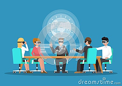 Business people wear vr glasses in virtual reality conference. Vector Illustration