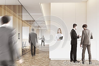 Business people in a wooden hall Stock Photo