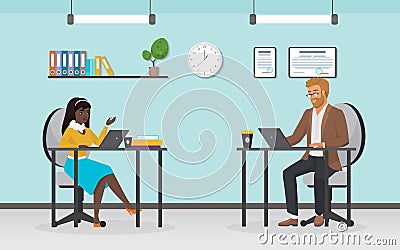 Business people work, busy office workers sitting at desks workplaces with laptops Vector Illustration
