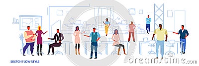 Business people work in co-working office open space center interior creative workplace mix race colleagues Vector Illustration