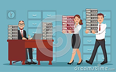 Business people at work with a large pile of folders and sheets of paper. Stock Photo