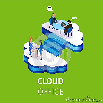 Business People Work in Multistorey Cloud Office Vector Illustration