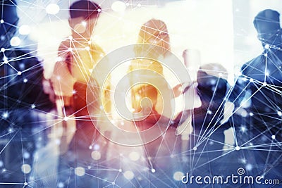 Business people work together in office with internet network effects. Concept of teamwork and partnership. double Stock Photo