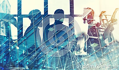 Businessmen that work together in office with network connection effect. Concept of teamwork and partnership. double Stock Photo