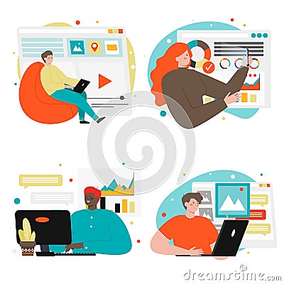 Business people working on laptop computer, mobile phone, vector illustration. Office work, freelance, home office. Vector Illustration