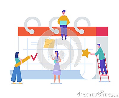 Business People Working on Schedule. Tiny Characters Planning Work Project on Desk Calendar. Reminder, Time Table Vector Illustration