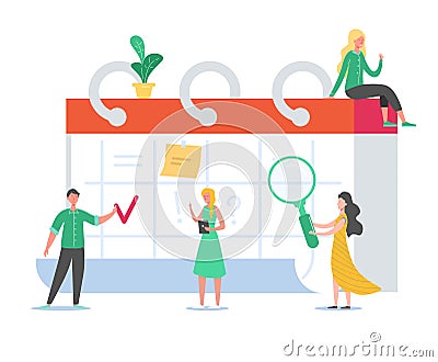 Business People Working on Schedule. Tiny Characters Planning Work Project on Desk Calendar. Reminder, Time Table Vector Illustration