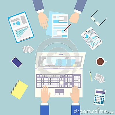 Business people workplace top angle above view Vector Illustration
