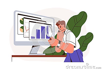 Business performance analysis, benchmark metrics audit concept. Analyzing financial statistics, data, graph, chart Vector Illustration