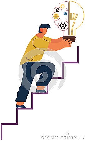 Business person climbs steps up to solution goal holds light bulb with great idea logical concept Vector Illustration