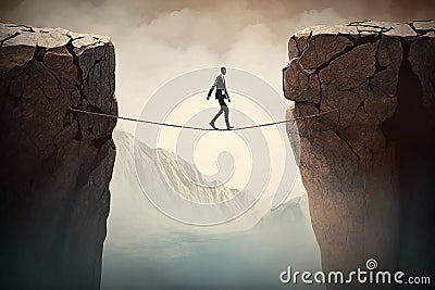 Businessman walking on tightrope between rocks Stock Photo