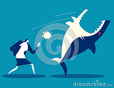 Business person fighting shark and win. Business cartoon concept Vector Illustration